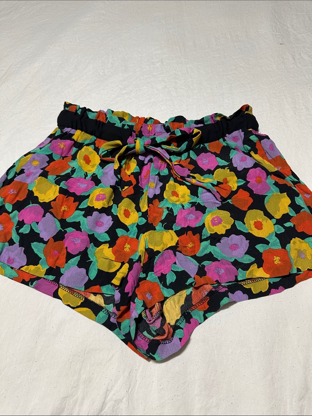 Zara Black Floral Tie-Waist High Waist Shorts